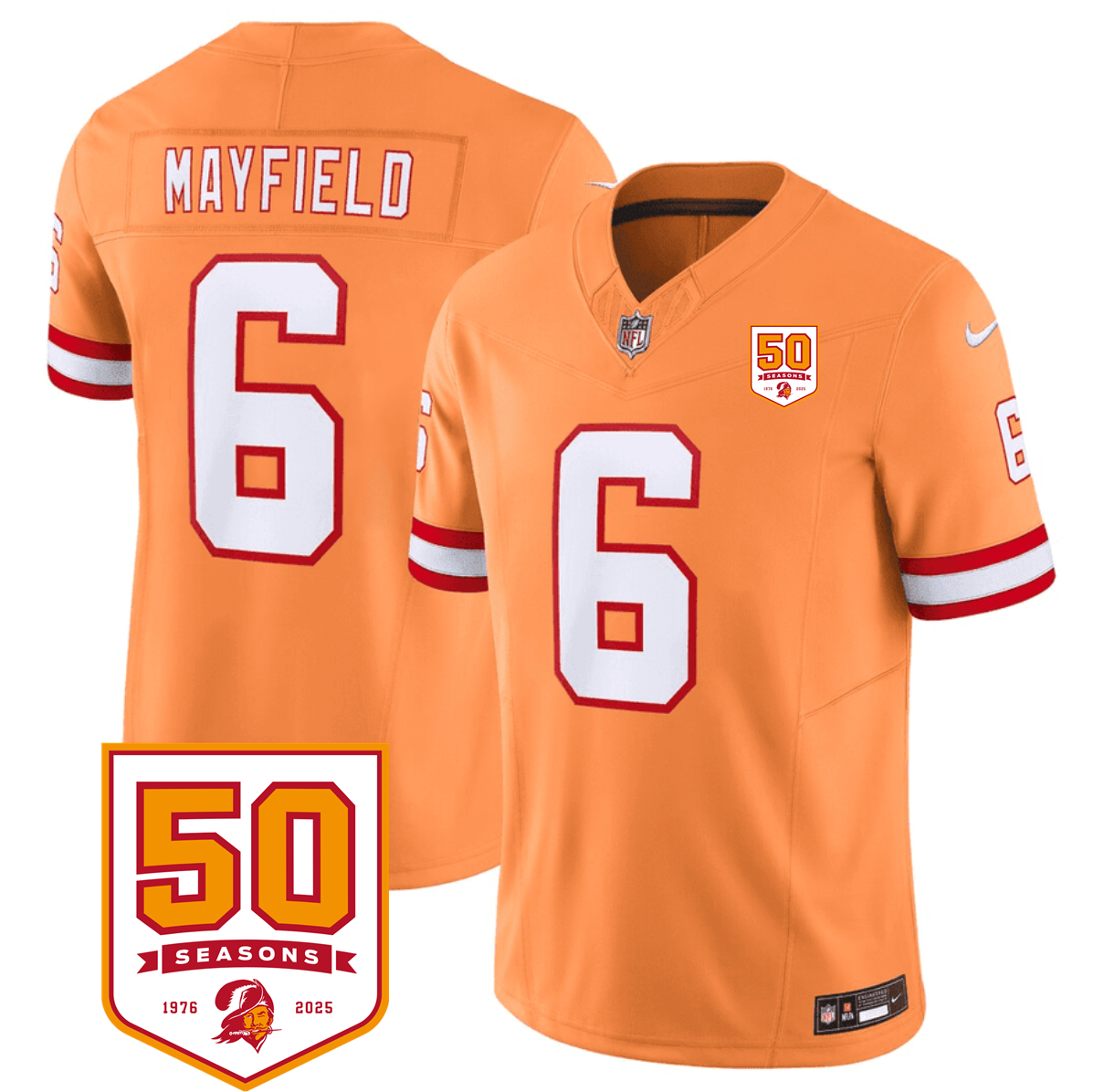 Men's Tampa Bay Buccaneers #6 Baker Mayfield Orange 2025 F.U.S.E. 50th Anniversary Patch Vapor Limited Stitched Jersey